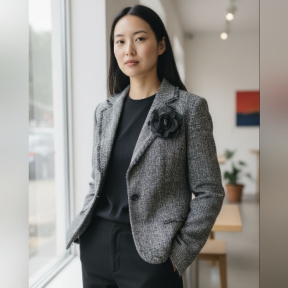 Norton McNaughton Jackets & Blazers - Norton McNaughton Gray Tweed Blazer with Black Flower